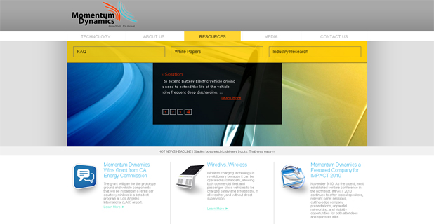 Momentum Dynamics website homepage with drop down menu