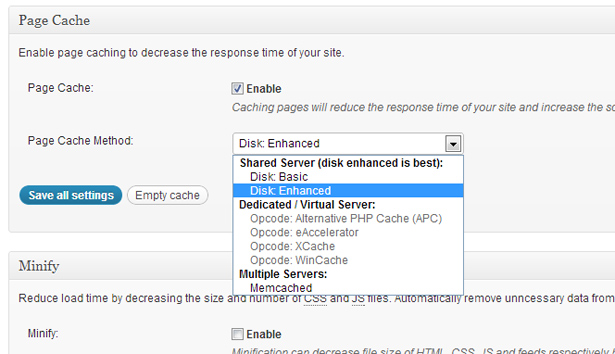 Screenshot of W3 Total Cache Plugin - Page Cache Feature