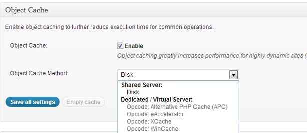 Screenshot of W3 Total Cache Plugin - Object Cache Feature