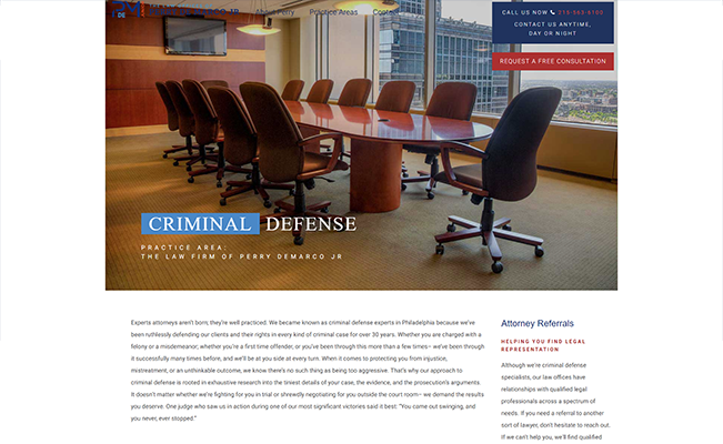 Legal firm pracitce area page for Perry DeMarco Jr. designed and marketed by Philadelphia firm, Splat