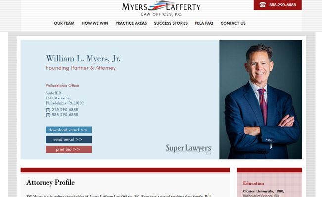 Attorney bio for Myers Lafferty developed by internet marketeers Splat in Philadelphia, PA
