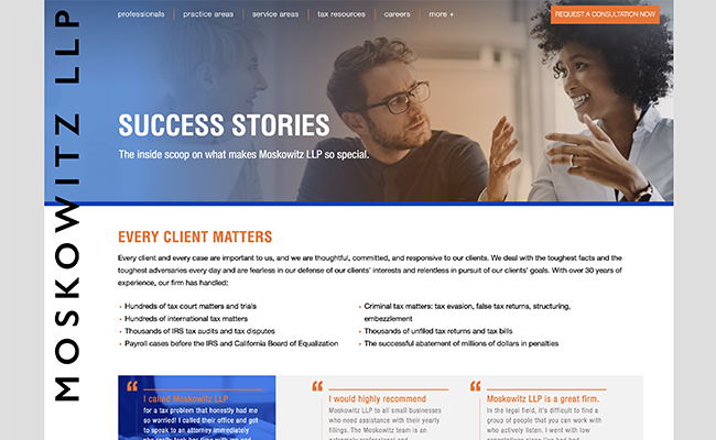 Success Stories Page for Moskowitz LLP created by digital marketing experts Splat - Philadelphia, PA