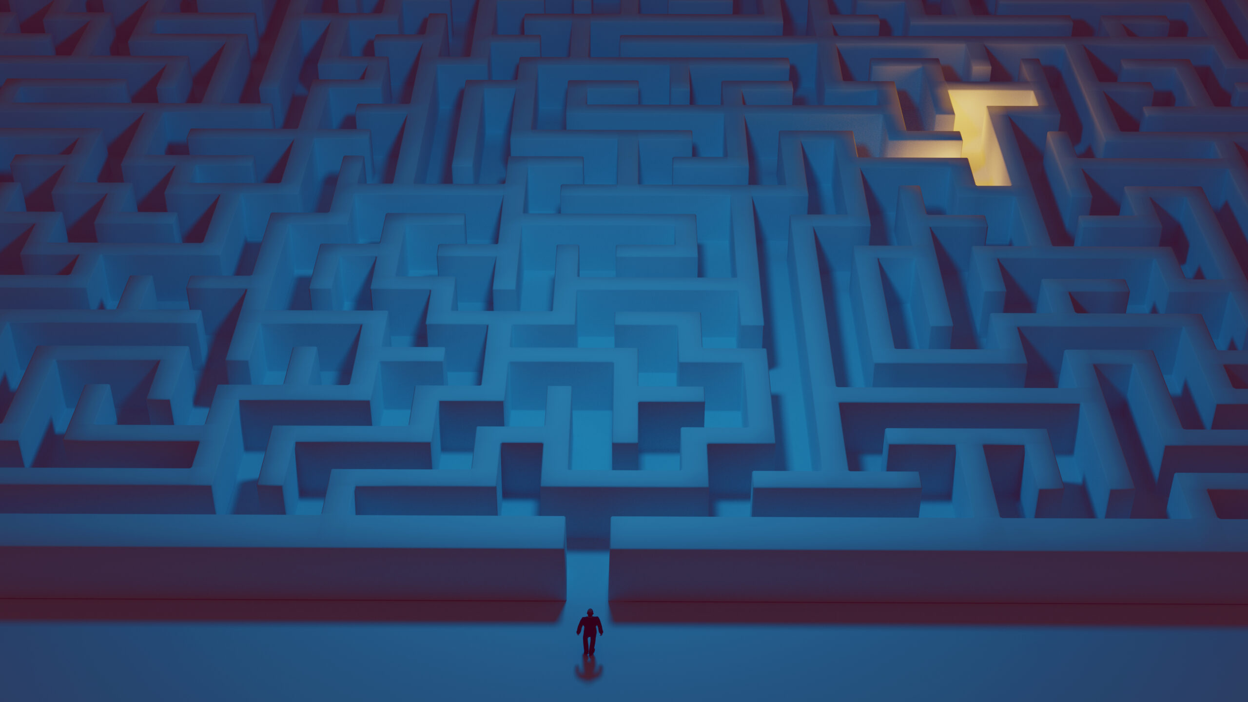 A graphic of a man facing a maze, perplexed about the best AI essay writers and AI writing tools.